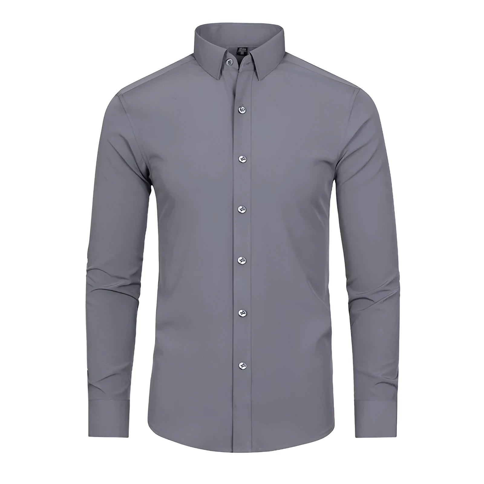 Men's solid gray non-iron four-way stretch polyester long-sleeved shirt with cardigan front, Asian sizes 38-48