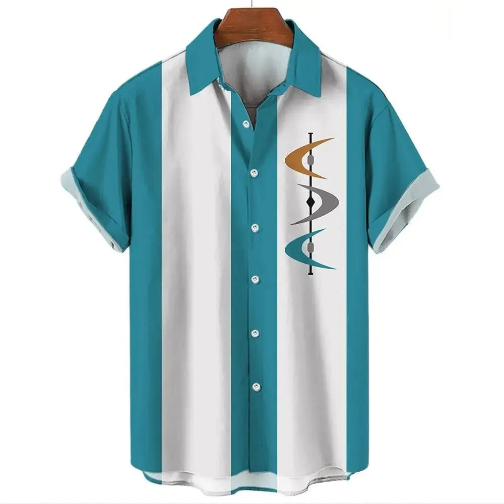 Men's striped Hawaiian shirt with button front and short sleeves in stretch elastic fabric