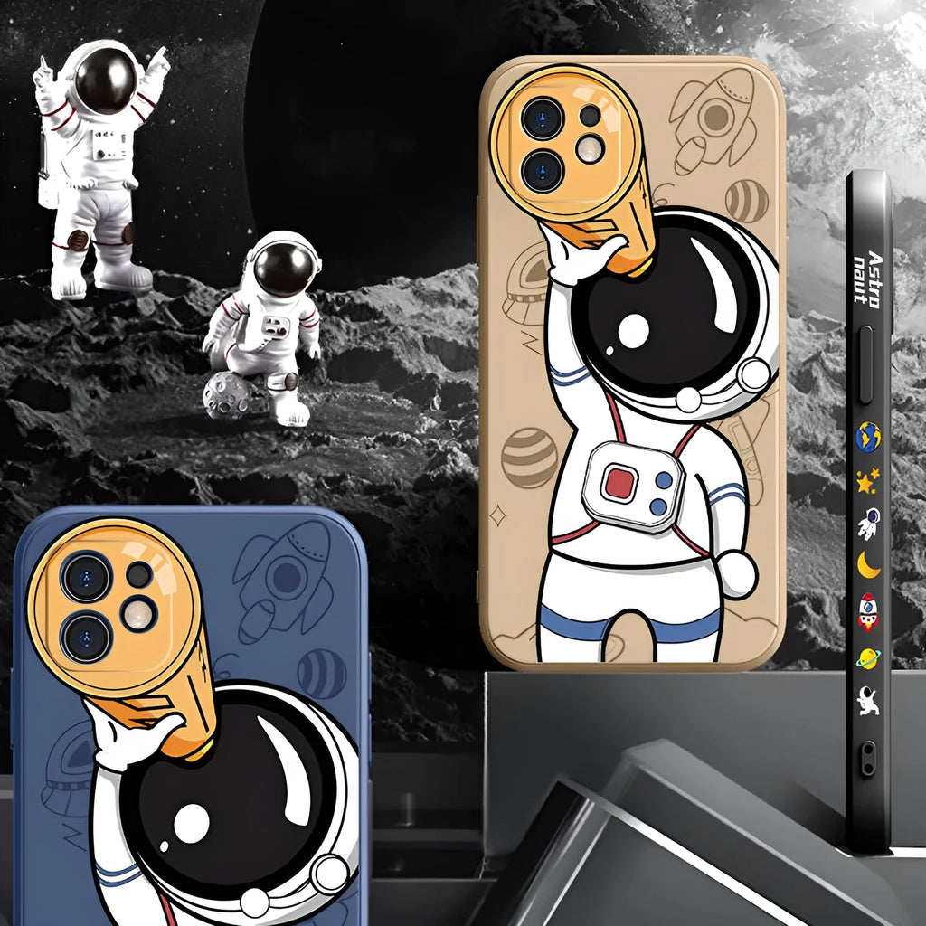 Cartoon astronaut and starry sky design on a black silicone phone case for iPhone.