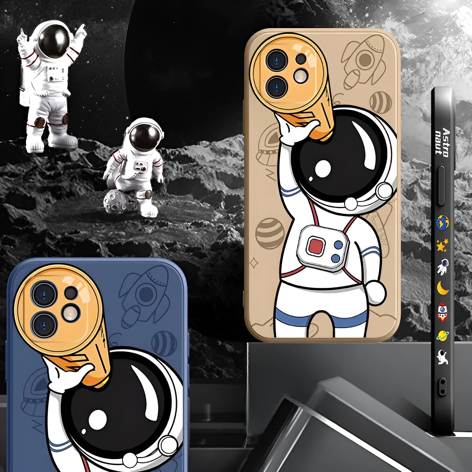 Cartoon astronaut and starry sky design on a black silicone phone case for iPhone.