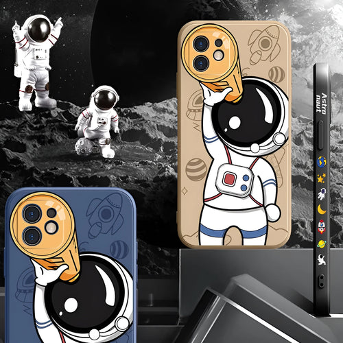 Cartoon astronaut and starry sky design on a black silicone phone case for iPhone.