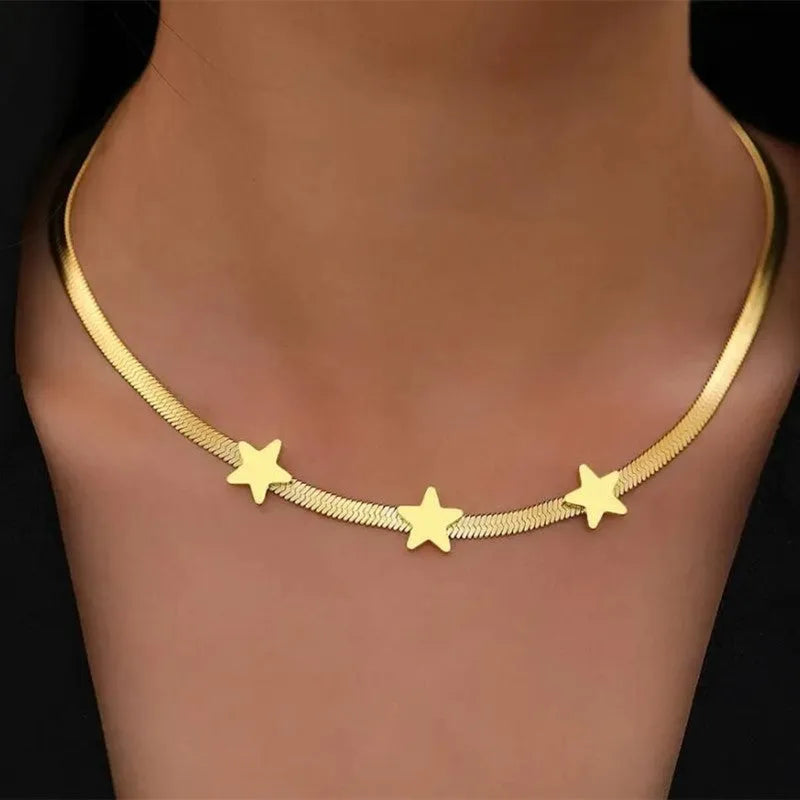 Gold titanium steel star pendant necklace on gothic snake chain with adjustable fit 41-50 cm