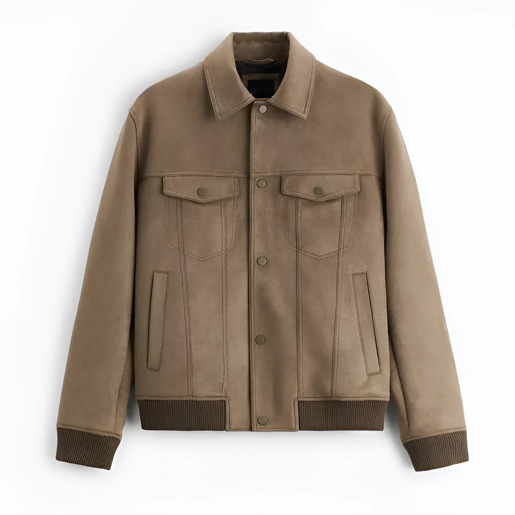 A Mink coloured velvet jacket with British style tailoring and long sleeves, laying flat.
