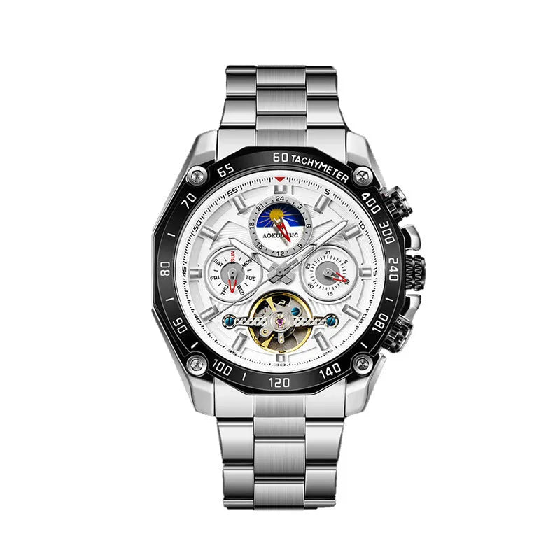 Men's automatic mechanical watch showing 12mm thickness and multiple colour options including silver, black steel, and black with gold