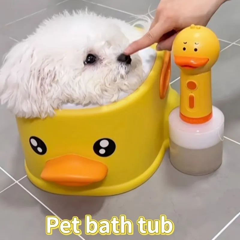Blue PVC duck-shaped pet bath tub for washing dogs and cats on a bathroom floor.