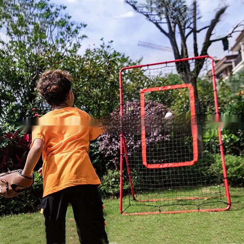 Red 4x6 feet baseball training net with metal frame setup for practice drills