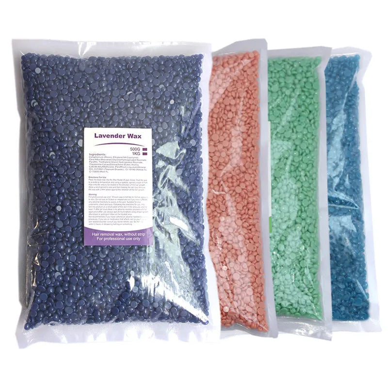 500g solid hard wax granules in a box for paper-free full body hair removal, available in multiple colours