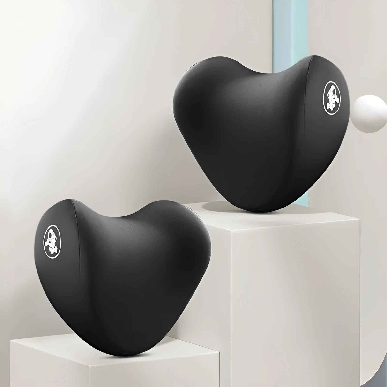 Memory foam car pillow set with heart-shaped pattern, black cotton cover, headrest and lumbar support