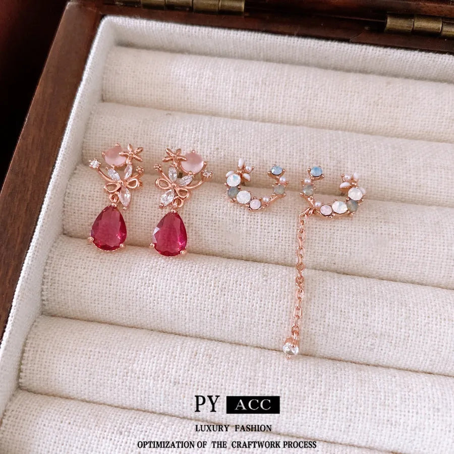 French style light luxury silver needle zircon flower drop earrings in rose gold on copper base