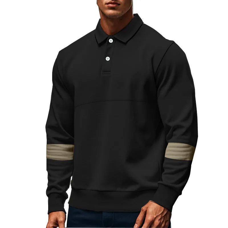 Men's long-sleeved lapel polo shirt with button front in five colour options including khaki and black