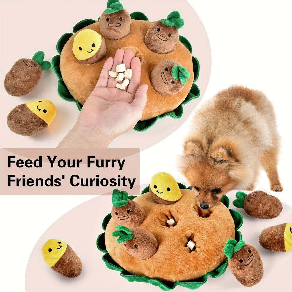 Yellow polyester dog sniffing pad puzzle toy with removable squeaky plush toys