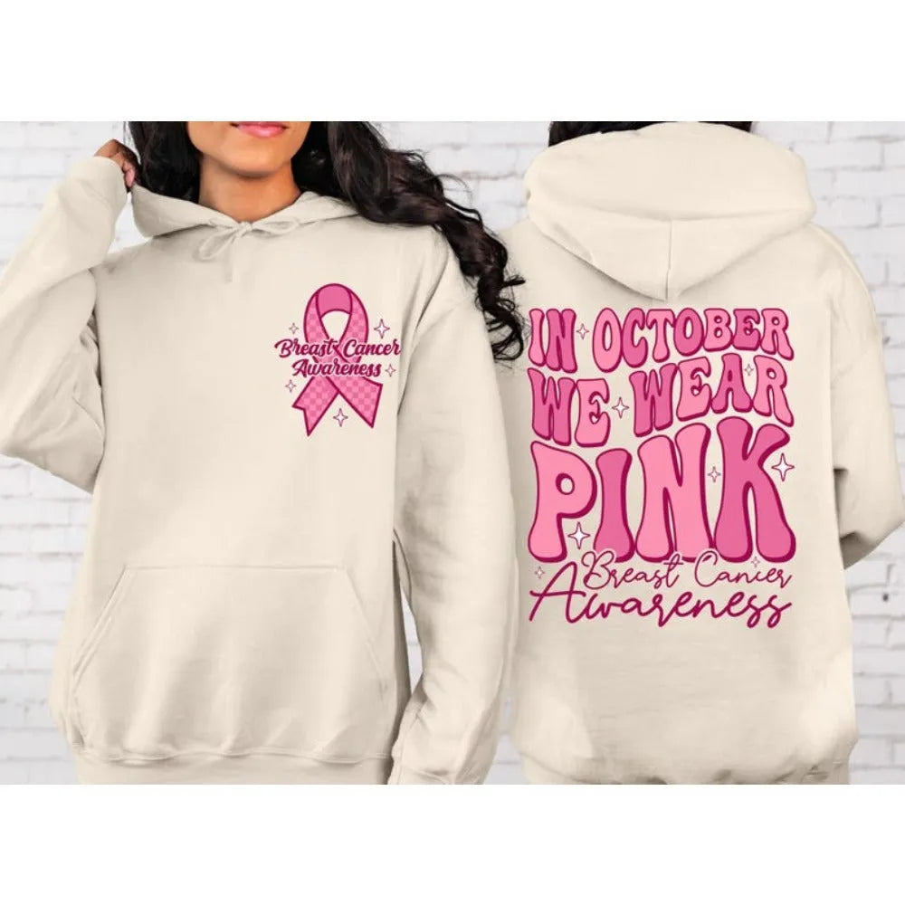 Pink Breast Cancer Awareness hooded sweatshirt with retro pattern and side seam pockets