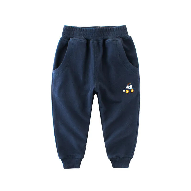 Children's Korean-style sweatpants in blue with cartoon pattern, soft fabric, for boys aged 3-8 years
