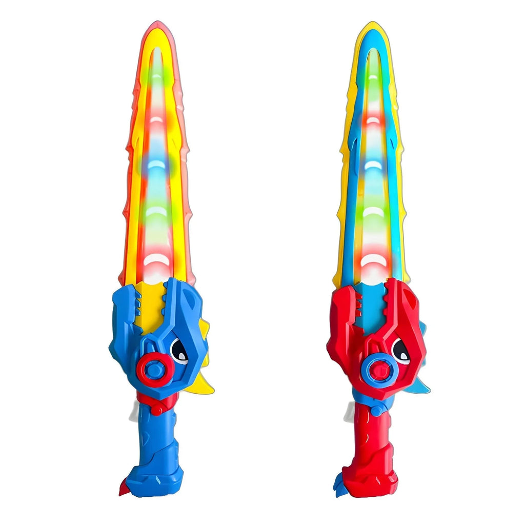 Transformers dinosaur toy with glowing sword in bright blue plastic, 15 cm size, on white background