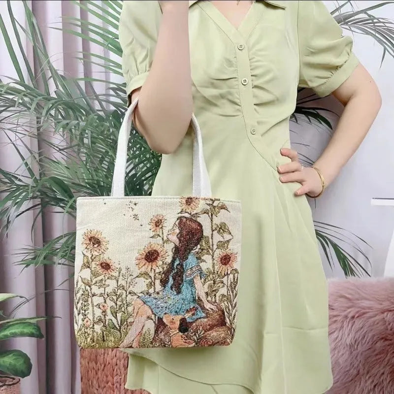 Double-sided gold wire embroidered canvas tote bag showing Bunny design with reinforced base