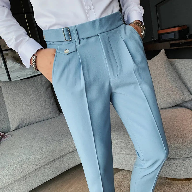 Straight leg casual trousers in solid colours on a size chart background.