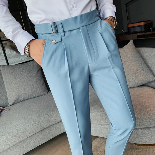 Straight leg casual trousers in solid colours on a size chart background.