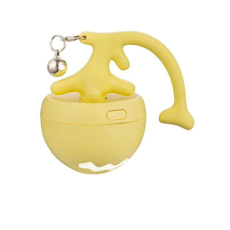 USB electric cat teasing ball with fish bone-shaped roller and replaceable teasing stick in blue, pink, and yellow colours
