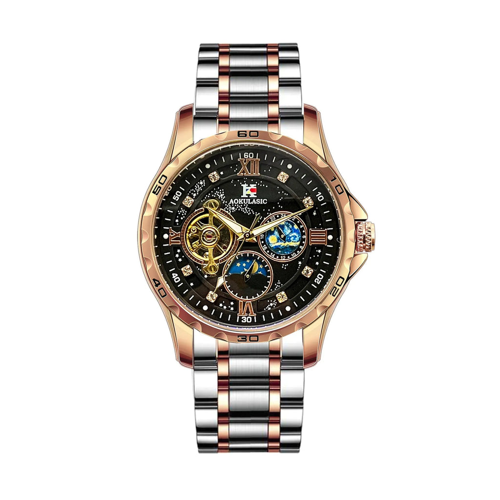 Men's automatic mechanical watch with rose gold shell, black dial, and large 50mm display