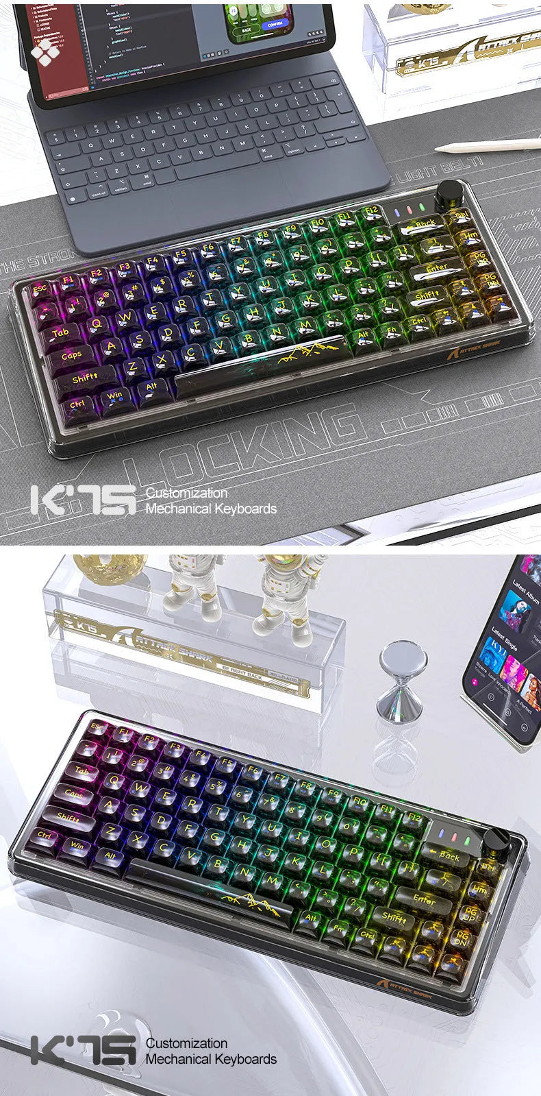 Attack Shark K75RGB transparent wireless mechanical keyboard with RGB lighting showing through PC case