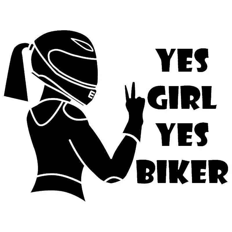 Cool girl rider character design car sticker in black, white, and laser colour options.