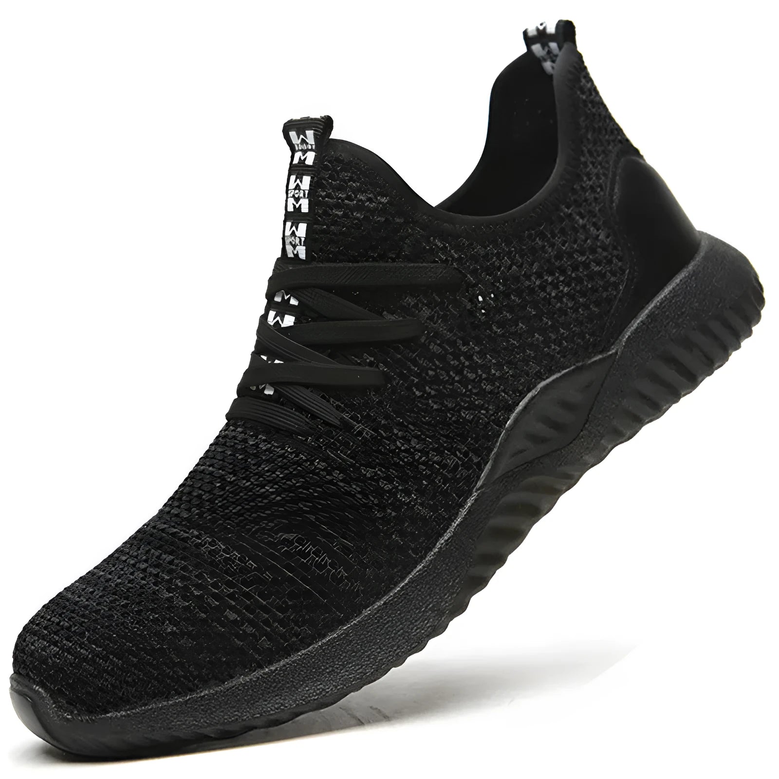 Black steel toe cap safety shoes with anti-static properties and EVA construction on a work floor.
