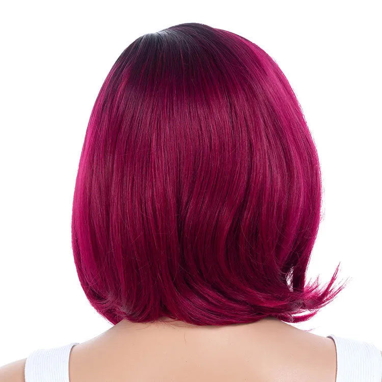 Wine red gradient partial short curly synthetic wig 40cm length high temperature wire fibre natural look