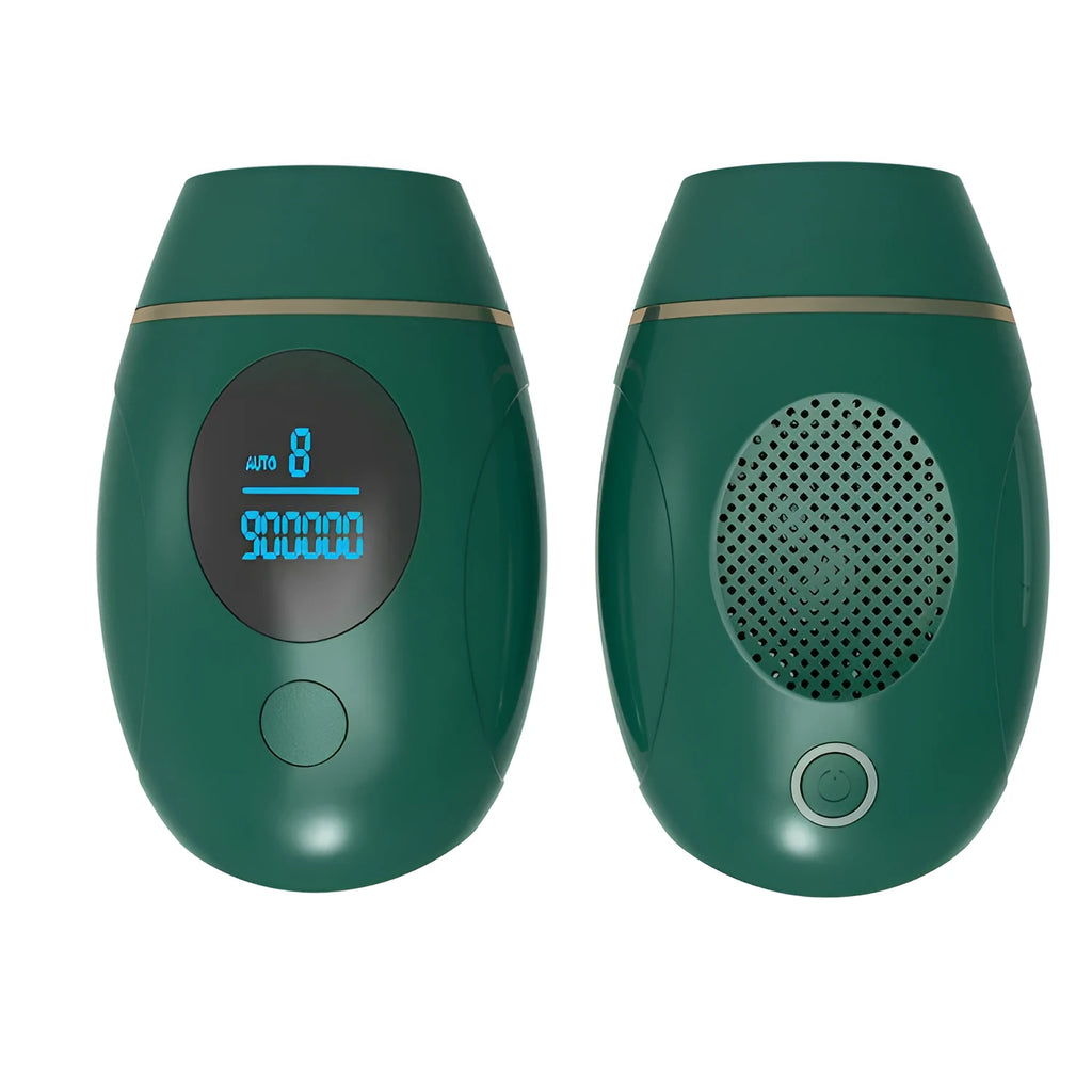 Green laser hair removal device with 900,000 flashes, power adapter, and English manual on white background