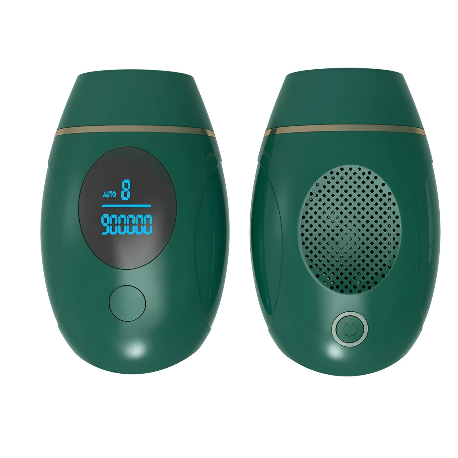 Green laser hair removal device with 900,000 flashes, power adapter, and English manual on white background