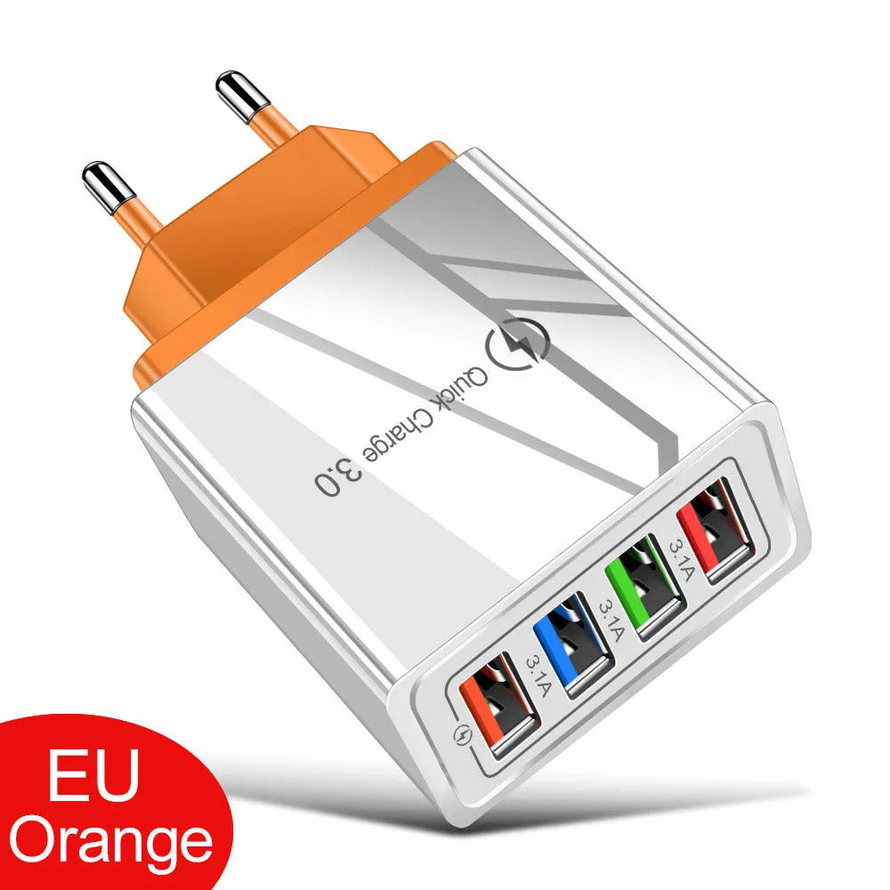 Multi-port USB charging head with four ports, PC+ABS housing in black, white, and blue options