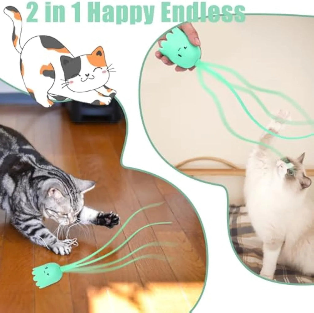 Green automatic cat toy with swinging silicone tails on a white surface