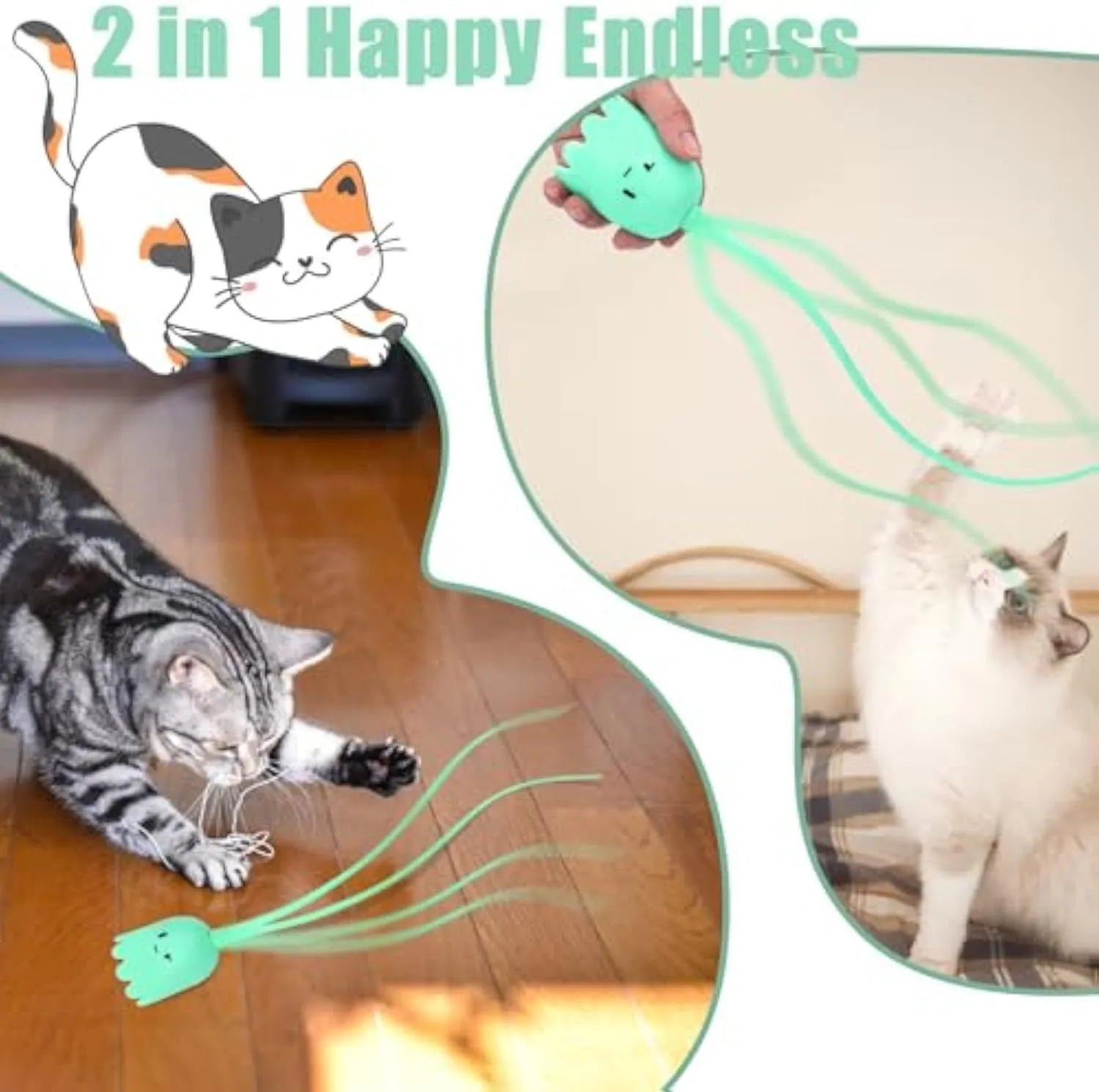 Green automatic cat toy with swinging silicone tails on a white surface