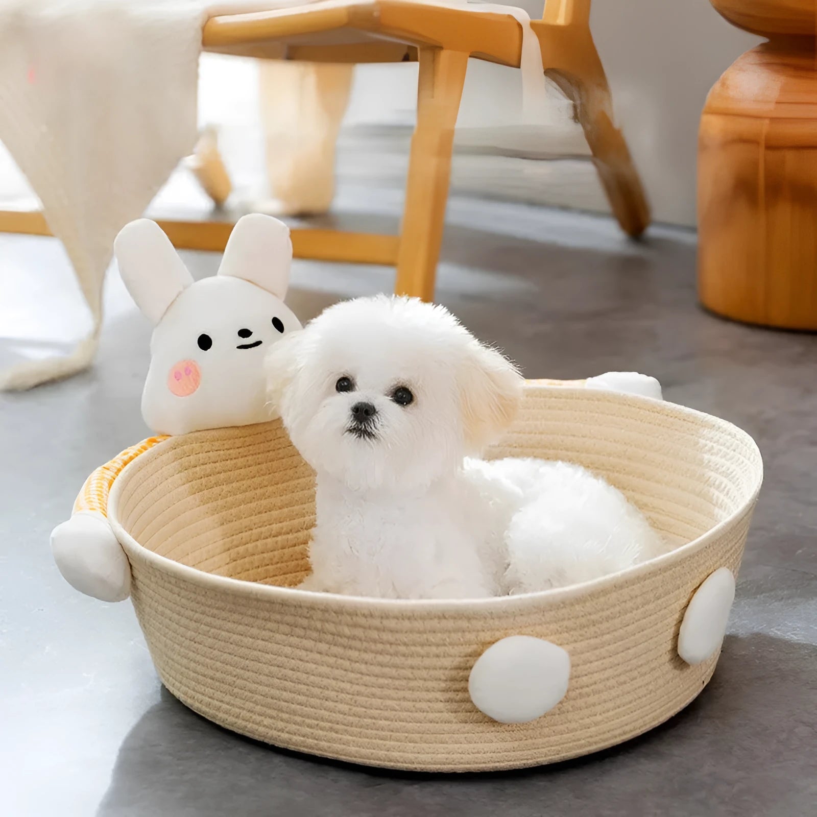 Woven cotton rope cat bed with scratching surface in Bear design, shown in medium size.