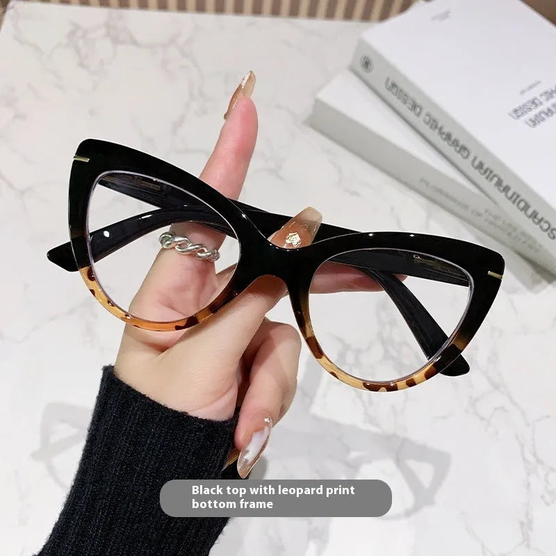 Women's large cat's eye presbyopia glasses with dragon and phoenix decorations in leopard print frame