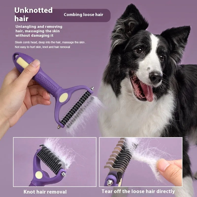 Purple double-sided plastic dog comb for grooming and untying knots, showing ergonomic handle.