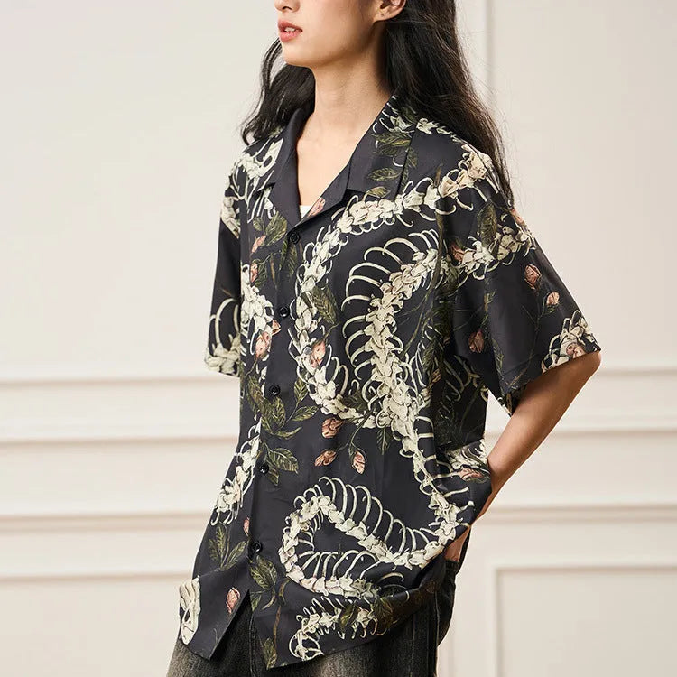 Snake bone pattern Cuban collar shirt with floral print and short sleeves