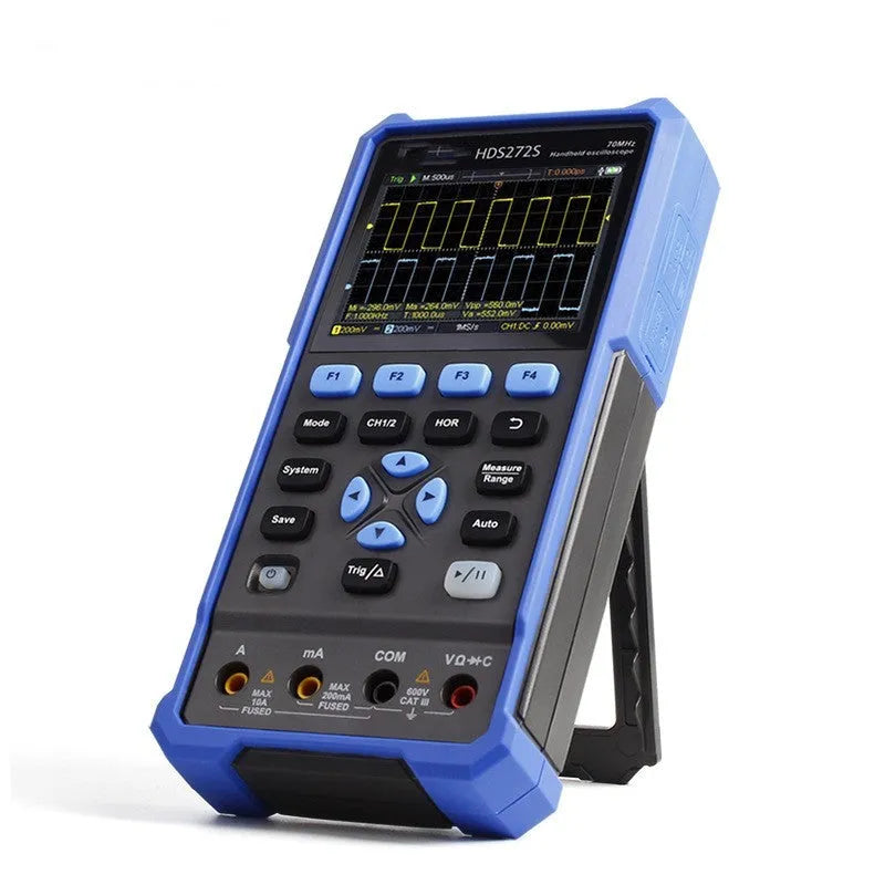 Owon HDS272 handheld digital oscilloscope with accessories including probes, multimeter pen, and portable bag