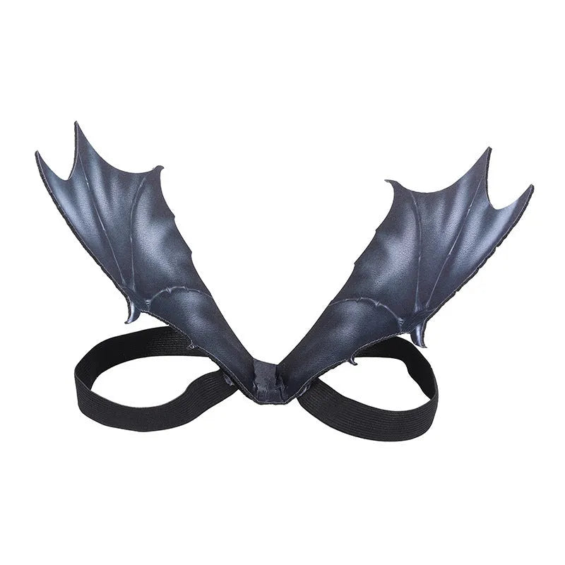 Black cloth bat wings pet Halloween costume showing three wing size options for dogs and cats