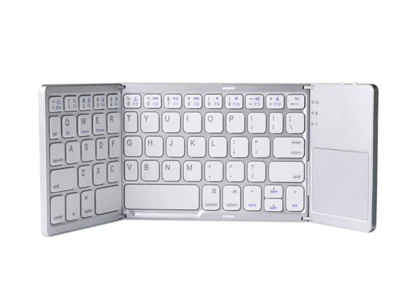 Ultra-thin tri-fold folding touch Bluetooth keyboard in black with touchpad, folded and spread views