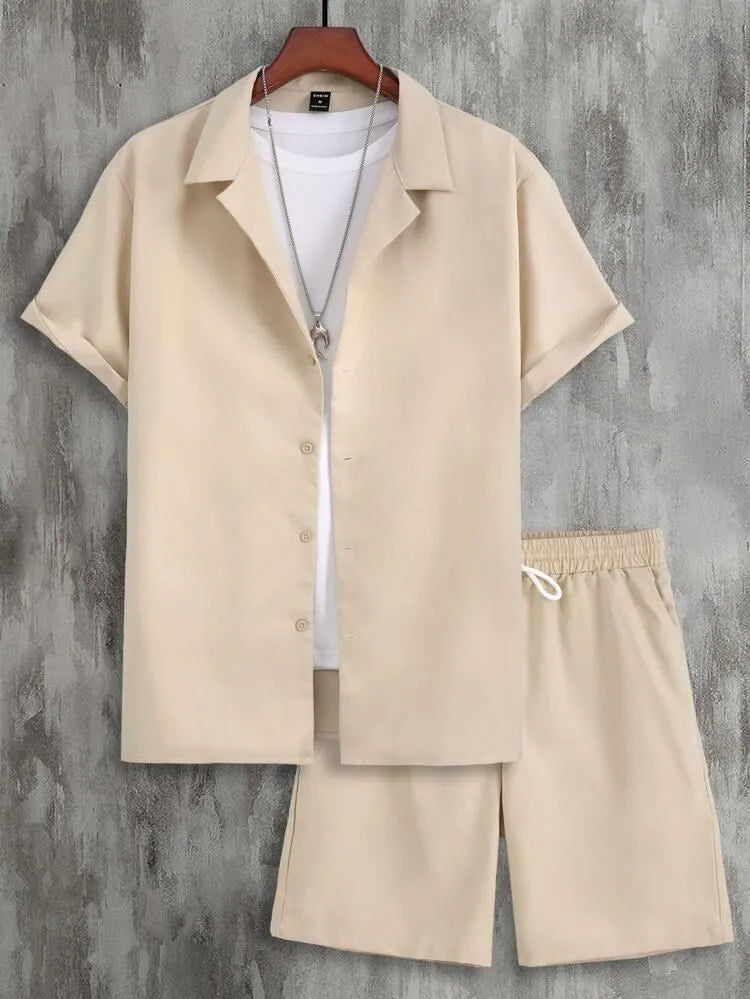 Men's Cuban collar sport suit with short sleeve top and matching shorts in lightweight polyester fabric