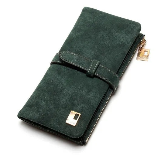 TAUREN retro matte leather women's long wallet open showing card slots and zip closure