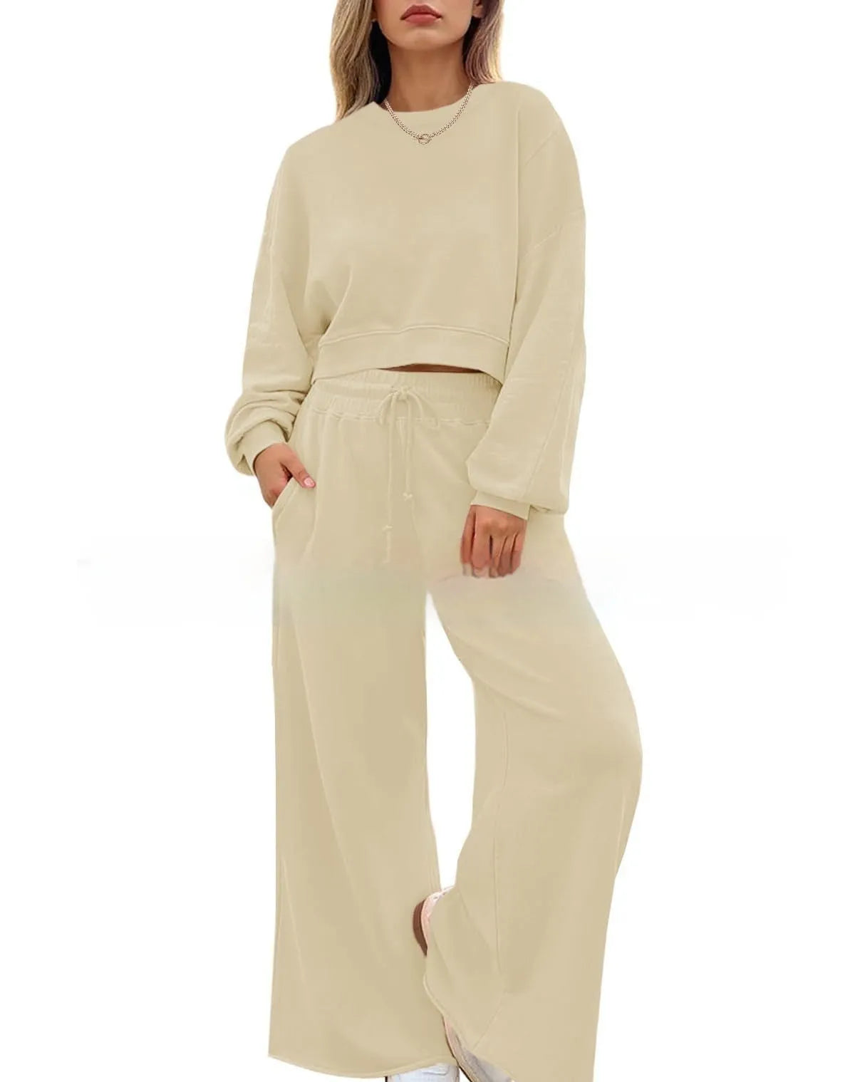 Women's solid colour polyester two-piece trouser set with long sleeve top and matching trousers in street hipster style