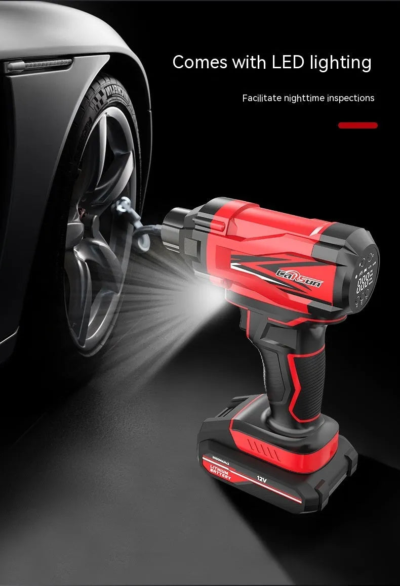 Red and black portable wireless car air pump with battery, power cable, and sports ball adapters