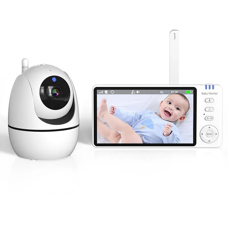 White wireless baby monitor with 5-inch HD screen showing nursery camera footage