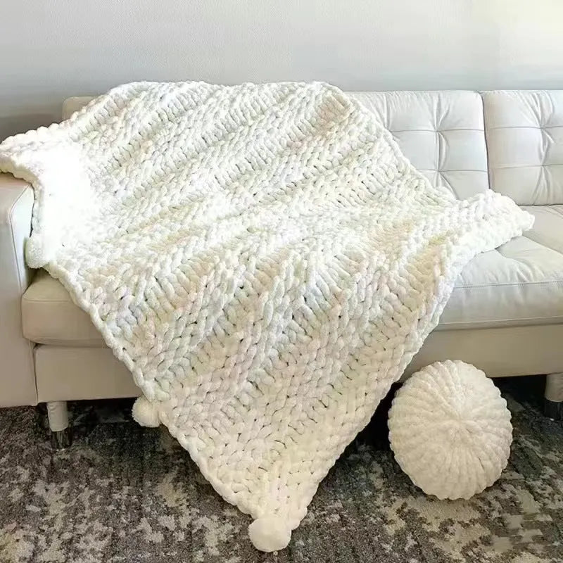 Coarse yarn chenille knitted blanket with braided gravity weighting in modern simplicity styling