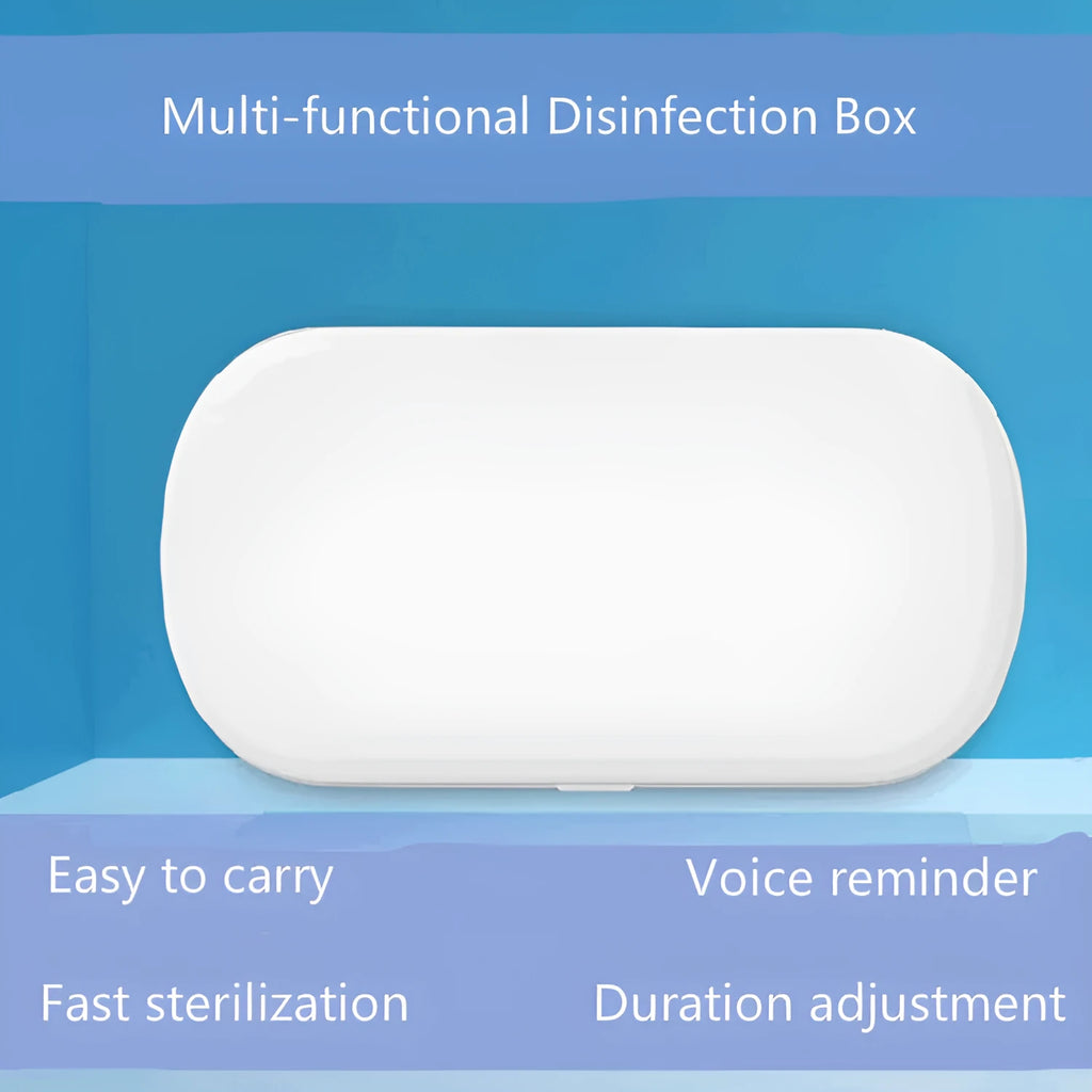 White UV wireless disinfection and charging box for sterilising mobile phones and personal items.
