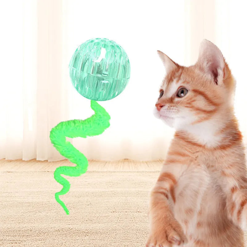 Interactive cat toy with three bouncy TPR balls connected to long plush tail in green colour