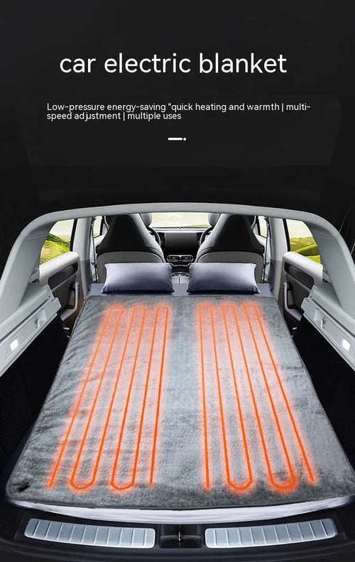 Grey 12V car electric blanket plugged into a vehicle cigarette lighter socket.