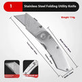 Stainless steel folding art knife with black blade and package of replacement blades