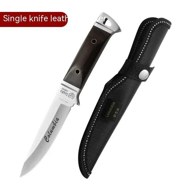 Camping knife with leather sheath case showing stainless steel blade and national style design.